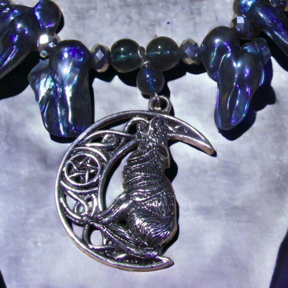 Handmade Wolf and Moon Necklace with Blue Gemstone and Pearl. One of a Kind! - Picture 3 of 6